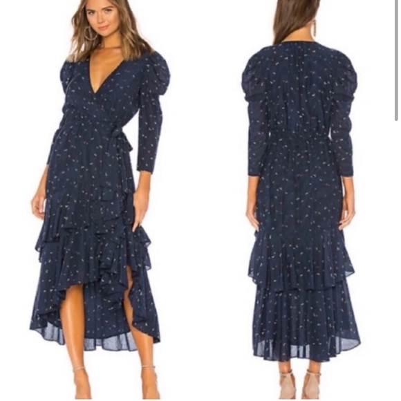 NWT Joie Miralay Ruffled Wrap Dress Size XS Navy Blue Firefly Puff Sleeve Midi - Picture 1 of 9